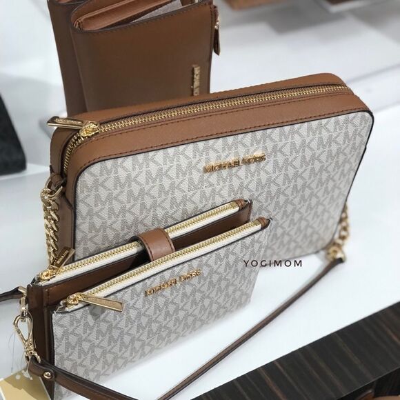 BUNDLE MICHAEL KORS Jet Set Large Vanilla MK Logo East West Xbody Phone Wallet - Picture 3 of 15